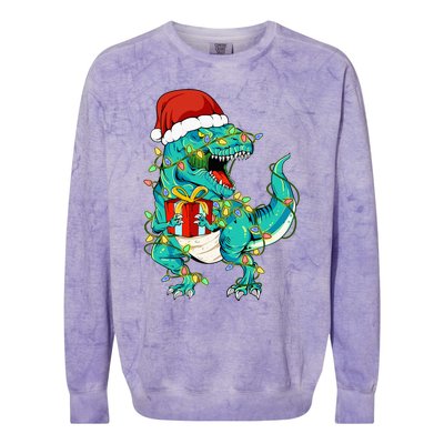 Dinosaur Santa  Christmas Tree Lights Colorblast Crewneck Sweatshirt