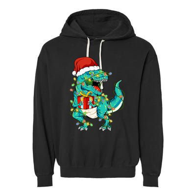 Dinosaur Santa  Christmas Tree Lights Garment-Dyed Fleece Hoodie