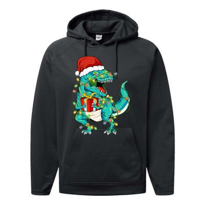 Dinosaur Santa  Christmas Tree Lights Performance Fleece Hoodie