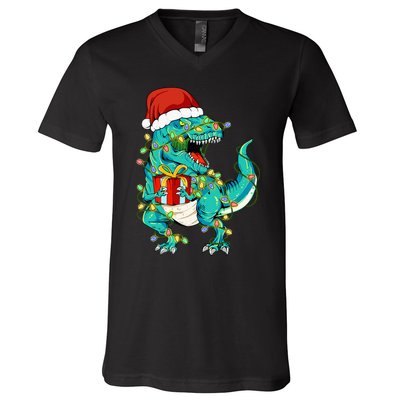 Dinosaur Santa  Christmas Tree Lights V-Neck T-Shirt