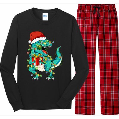 Dinosaur Santa  Christmas Tree Lights Long Sleeve Pajama Set