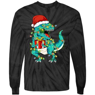 Dinosaur Santa  Christmas Tree Lights Tie-Dye Long Sleeve Shirt