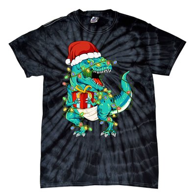 Dinosaur Santa  Christmas Tree Lights Tie-Dye T-Shirt