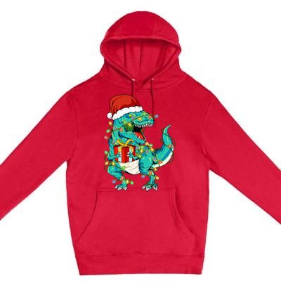 Dinosaur Santa  Christmas Tree Lights Premium Pullover Hoodie