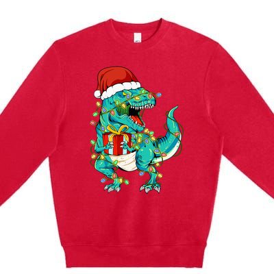 Dinosaur Santa  Christmas Tree Lights Premium Crewneck Sweatshirt