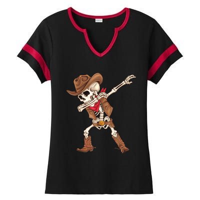 Dabbing Skeleton Cowboy Halloween Costume Ladies Halftime Notch Neck Tee