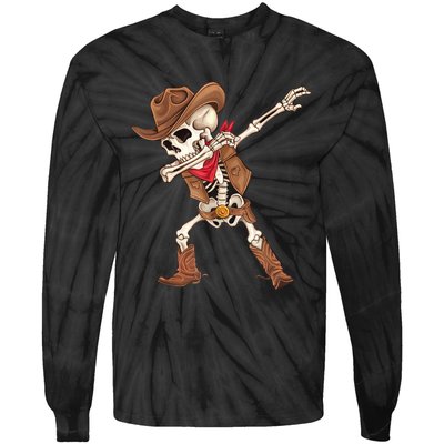 Dabbing Skeleton Cowboy Halloween Costume Tie-Dye Long Sleeve Shirt