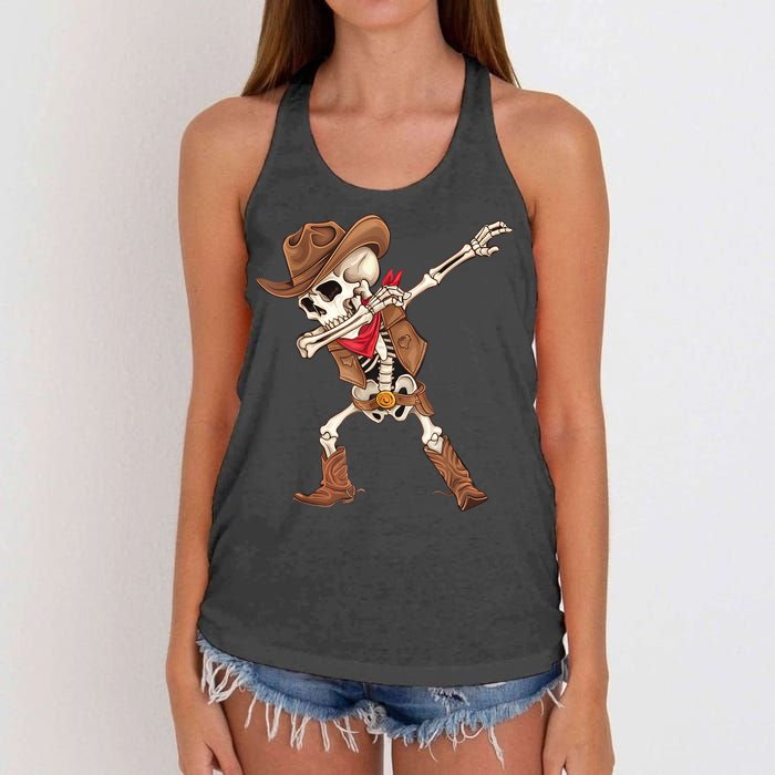 Dabbing Skeleton Cowboy Halloween Costume Women's Knotted Racerback Tank