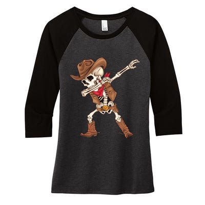 Dabbing Skeleton Cowboy Halloween Costume Women's Tri-Blend 3/4-Sleeve Raglan Shirt