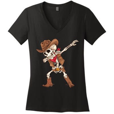 Dabbing Skeleton Cowboy Halloween Costume Women's V-Neck T-Shirt