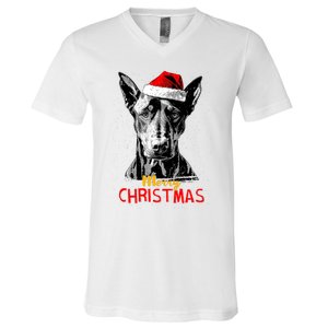 Doberman Santa Claus Hat Merry Christmas Dog Xmas Dogs V-Neck T-Shirt