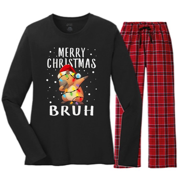 Dabbing Santa Capy Light Merry Christmas Bruh Boy Girl Funny Women's Long Sleeve Flannel Pajama Set 