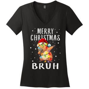 Dabbing Santa Capy Light Merry Christmas Bruh Boy Girl Funny Women's V-Neck T-Shirt