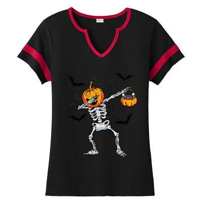 Dabbing Skeleton Cute Gift Dab Dance Halloween Pumpkin Gift Ladies Halftime Notch Neck Tee