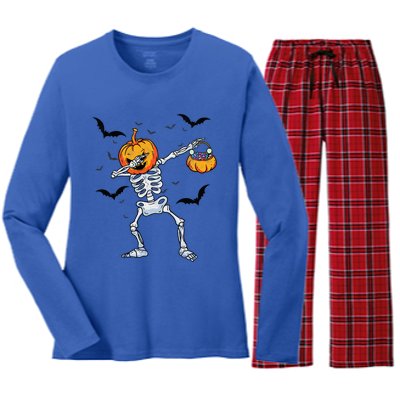 Dabbing Skeleton Cute Gift Dab Dance Halloween Pumpkin Gift Women's Long Sleeve Flannel Pajama Set 