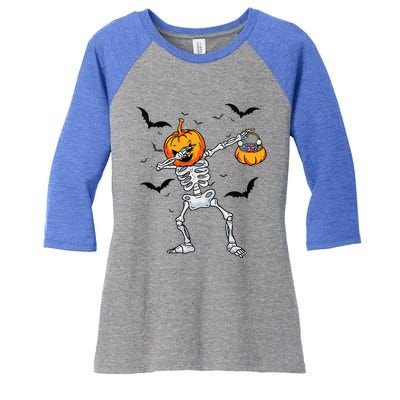 Dabbing Skeleton Cute Gift Dab Dance Halloween Pumpkin Gift Women's Tri-Blend 3/4-Sleeve Raglan Shirt