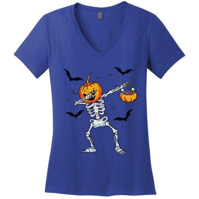 Dabbing Skeleton Cute Gift Dab Dance Halloween Pumpkin Gift Women's V-Neck T-Shirt