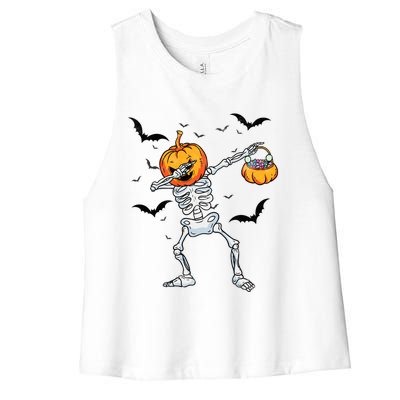 Dabbing Skeleton Cute Gift Dab Dance Halloween Pumpkin Gift Women's Racerback Cropped Tank