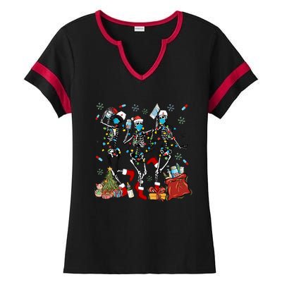 Dancing Skeleton Christmas Lights Nurse Nursing Scrub Xmas Gift Ladies Halftime Notch Neck Tee