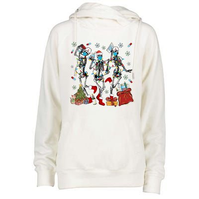 Dancing Skeleton Christmas Lights Nurse Nursing Scrub Xmas Gift Womens Funnel Neck Pullover Hood