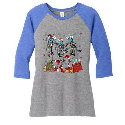 Dancing Skeleton Christmas Lights Nurse Nursing Scrub Xmas Gift Women's Tri-Blend 3/4-Sleeve Raglan Shirt