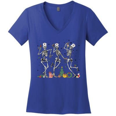 Dancing Skeleton Christmas Nurse Nursing Scrubs Xmas Er Icu Gift Women's V-Neck T-Shirt