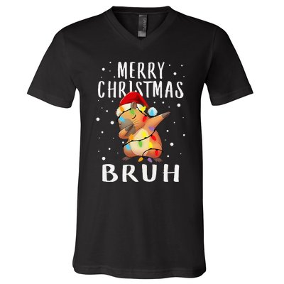 Dabbing Santa Capy Light Merry Christmas Bruh V-Neck T-Shirt