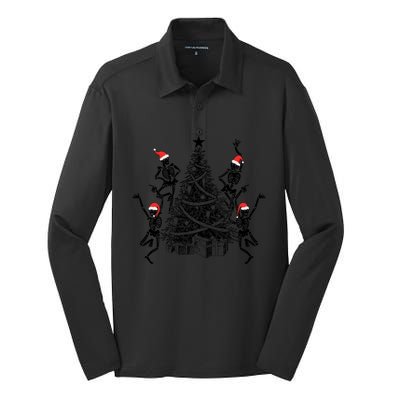 Dancing Skeleton Christmas Tree Xmas Vibes Skeleton Gift Silk Touch Performance Long Sleeve Polo