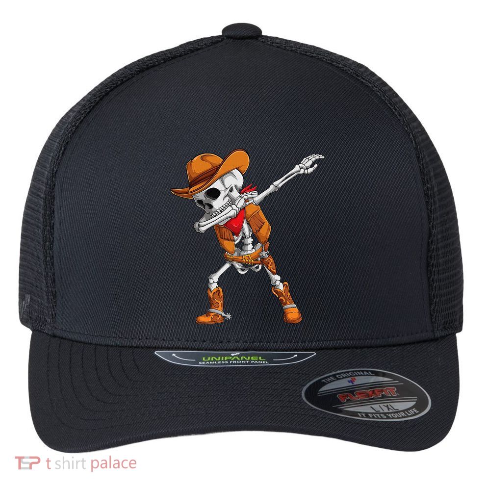 Dabbing Skeleton Cowboy Halloween Costume Flexfit Unipanel Trucker Cap