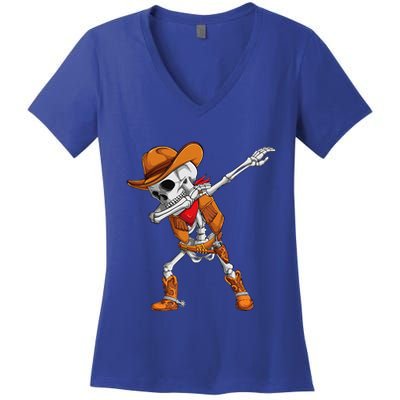 Dabbing Skeleton Cowboy Halloween Costume Women's V-Neck T-Shirt