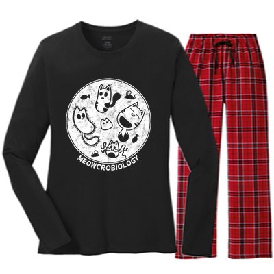 Distressed Science Cat Bacteria Microbiology Meowcrobiology Women's Long Sleeve Flannel Pajama Set 