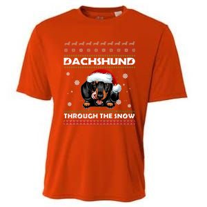 Dachshund Santa Christmas Ugly Sweater Through The Snow Tee Gift Cooling Performance Crew T-Shirt