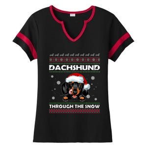 Dachshund Santa Christmas Ugly Sweater Through The Snow Tee Gift Ladies Halftime Notch Neck Tee