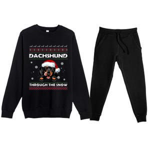 Dachshund Santa Christmas Ugly Sweater Through The Snow Tee Gift Premium Crewneck Sweatsuit Set