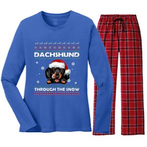 Dachshund Santa Christmas Ugly Sweater Through The Snow Tee Gift Women's Long Sleeve Flannel Pajama Set 