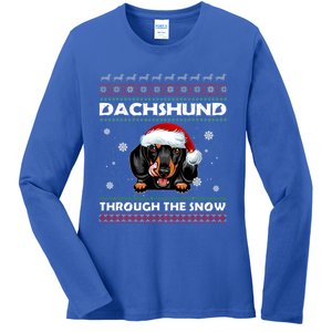 Dachshund Santa Christmas Ugly Sweater Through The Snow Tee Gift Ladies Long Sleeve Shirt