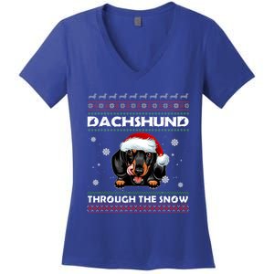 Dachshund Santa Christmas Ugly Sweater Through The Snow Tee Gift Women's V-Neck T-Shirt