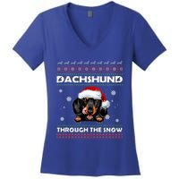 Dachshund Santa Christmas Ugly Sweater Through The Snow Tee Gift Women's V-Neck T-Shirt