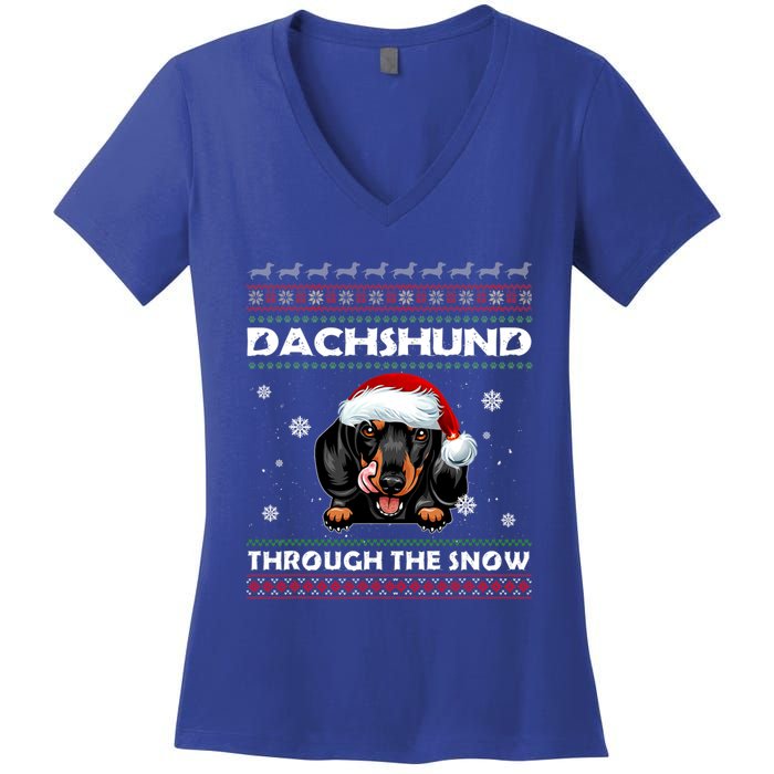 Dachshund Santa Christmas Ugly Sweater Through The Snow Tee Gift Women's V-Neck T-Shirt