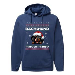 Dachshund Santa Christmas Ugly Sweater Through The Snow Tee Gift Performance Fleece Hoodie