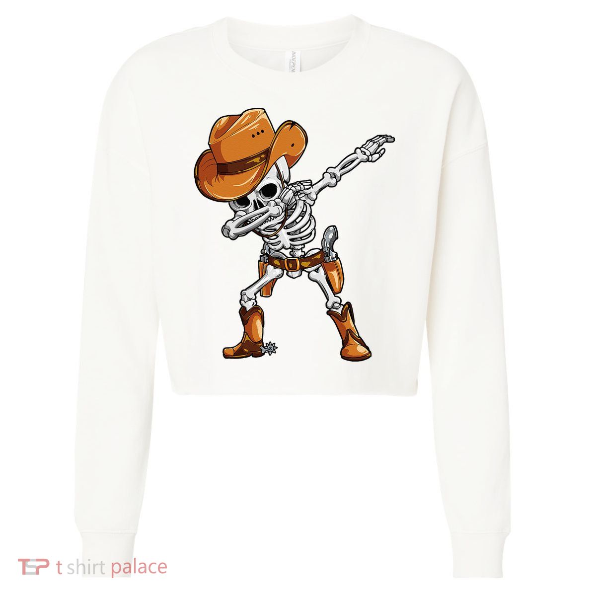 Dabbing Skeleton Cowboy Halloween Men Funny Dab Dance Cropped Pullover Crew