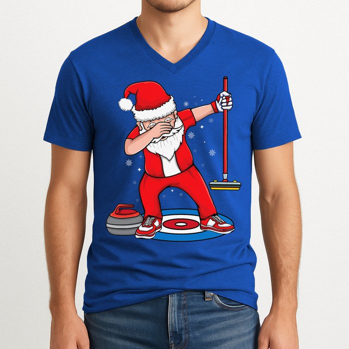 Dabbing Santa Curling Player Curling Broom Curler Curling V-Neck T-Shirt