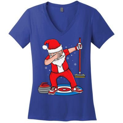 Dabbing Santa Curling Player Curling Broom Curler Curling Women's V-Neck T-Shirt