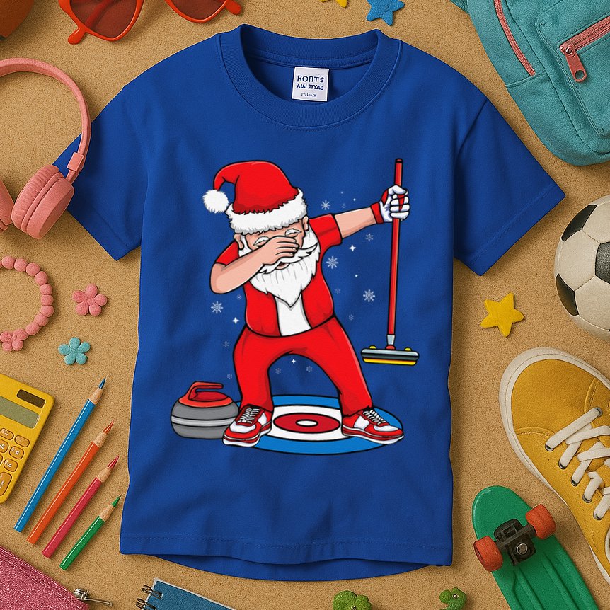 Dabbing Santa Curling Player Curling Broom Curler Curling Kids T-Shirt