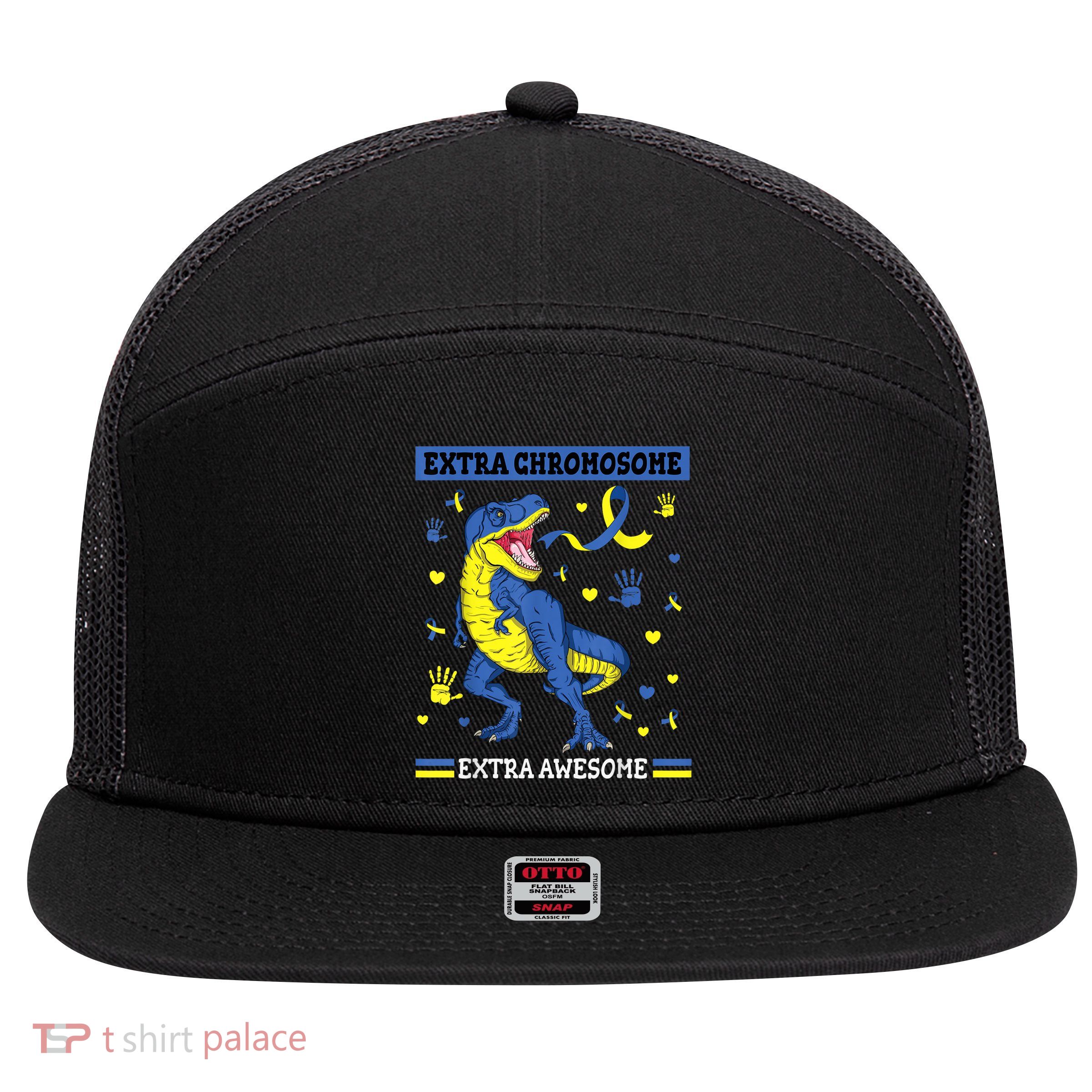 Down Syndrome Dinosaur T rex Extra Chromosome Extra Awesome 7 Panel Mesh Trucker Snapback Hat