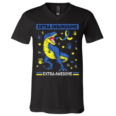 Down Syndrome Dinosaur T rex Extra Chromosome Extra Awesome V-Neck T-Shirt