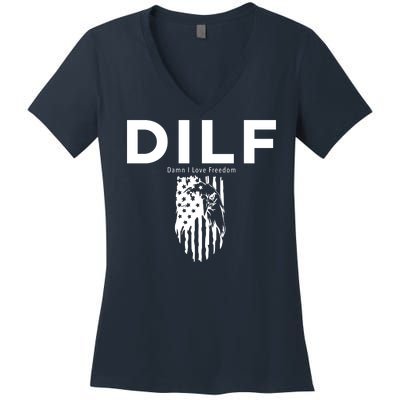 DILF SHIRT (DAMN I LOVE FREEDOM) DAD SHIRT Women's V-Neck T-Shirt