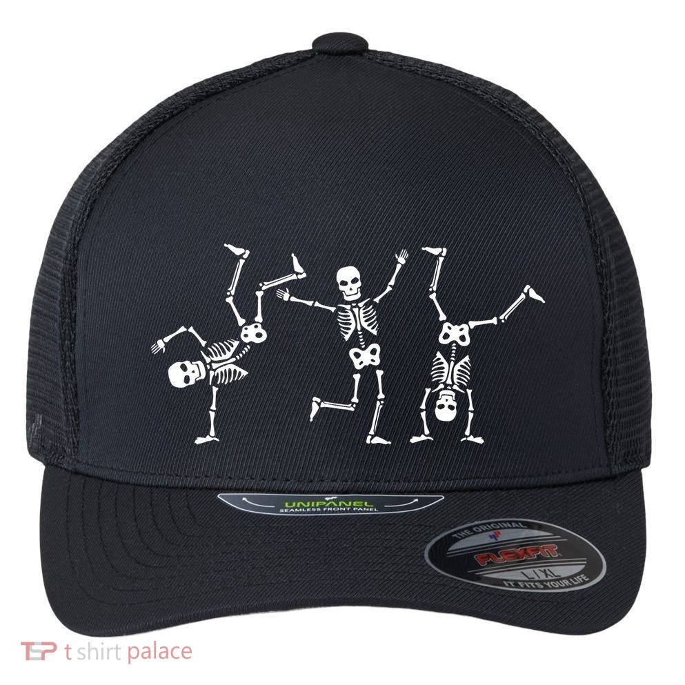 Dancing Skeletons Dance Challenge Halloween Scary Skeleton Vneck Flexfit Unipanel Trucker Cap
