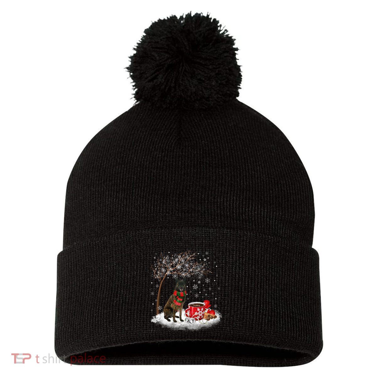 Dutch Shepherd Dog In The Snow Christmas Winter Xmas Tree Pom Pom 12in Knit Beanie