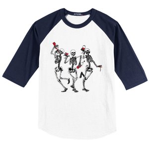 Dancing Skeletons Drinking Wine Lover Funny Halloween Scary Baseball Sleeve Shirt